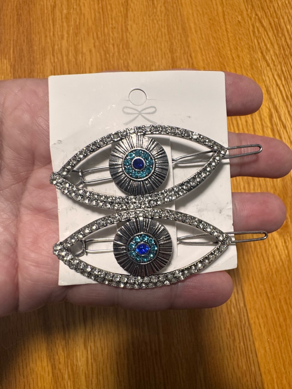Evil Eye Rhinestone Silver-Tone Hair Clips with Blue Gem Centers